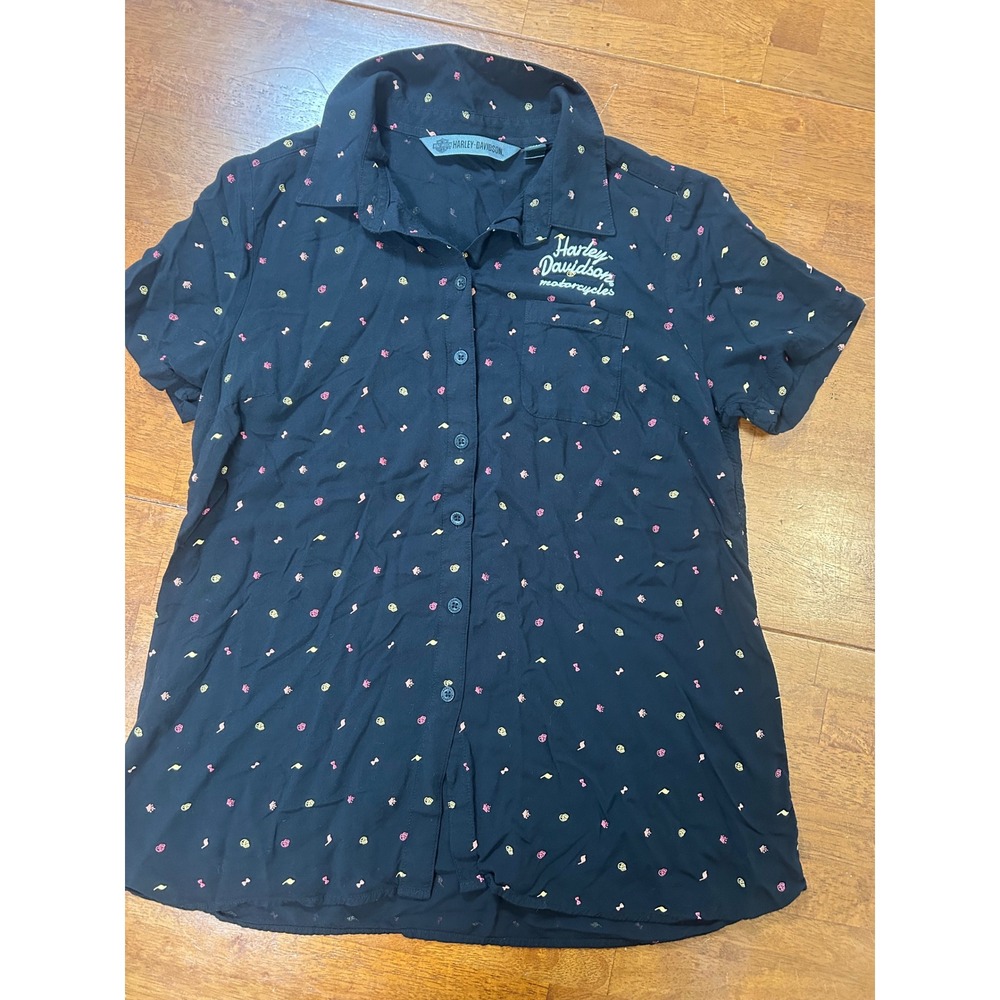 Harley Davidson Button Up Shirt Womens Medium Black All Over Print Short Sleeve